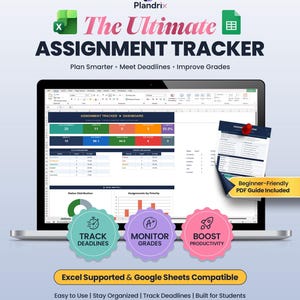 Könnte beinhalten: Ein digitales Aufgaben-Tracking-Dashboard auf einem Laptop-Bildschirm mit Diagrammen und Tabellen zur Überwachung von Fristen und Noten. Enthält ein PDF-Handbuch, drei kreisförmige Symbole für Tracking, Überwachung und Produktivität sowie Text.