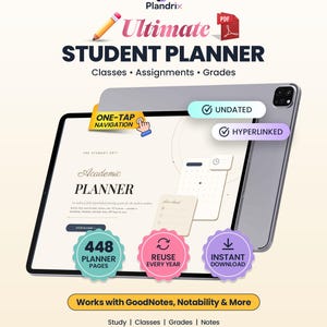 Student Planner, Digital Academic Planner, Undated Goodnotes Planner, Grades Habit Tracker, Assignment and Exam Tracker, iPad Hyperlinked