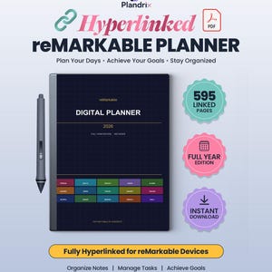 May include: A digital planner for reMarkable devices, with a dark cover and the text "DIGITAL PLANNER 2026." The image shows icons for 595 linked pages, full year edition, and instant download. The planner is fully hyperlinked.