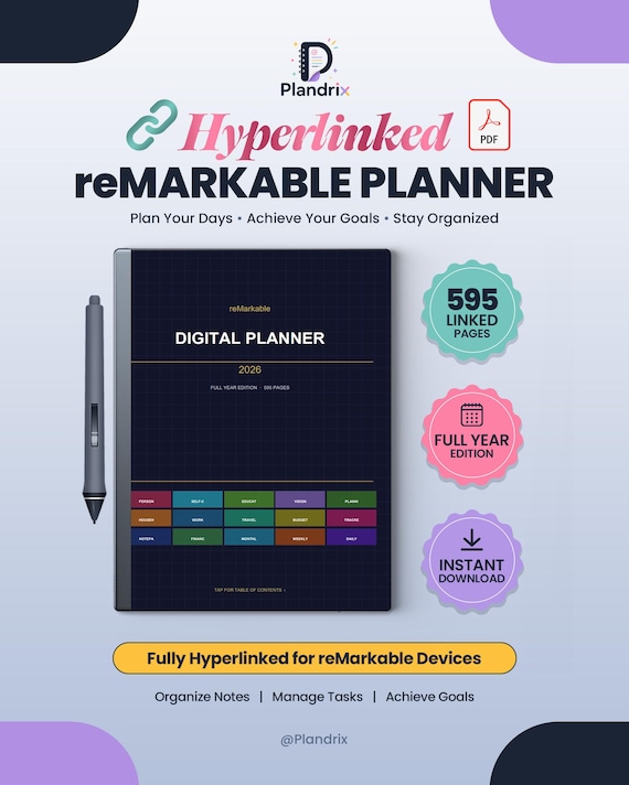 reMarkable Planner |Hyperlinked All in One Digital Planner |reMarkable 2 Template| Digital Planner for reMarkable Paper Pro| Undated Planner