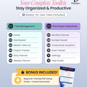 K&ouml;nnte beinhalten: Ein digitales Organisations-Toolkit von Plandrix mit 12 Reitern, darunter Aufgabenverwaltung sowie Planung & Produktivit&auml;t. Die Liste umfasst Startseite, Dashboard, Aufgabenliste, Projekt-Tracker, Tages- und Wochenplaner, Monatsplaner, Kanban-Board, Analysen, Ziel-Tracker, Einstellungen und Hilfe-Guide. Enth&auml;lt einen Bonus-PDF-Einrichtungsleitfaden.