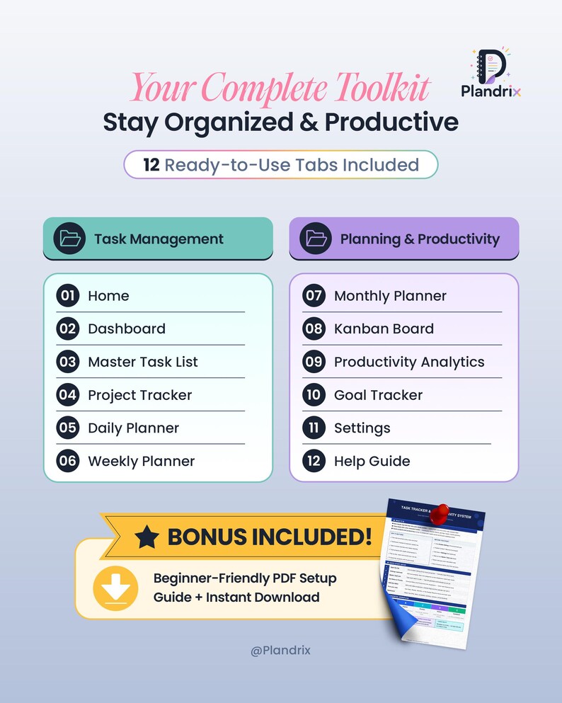 K&ouml;nnte beinhalten: Ein digitales Organisations-Toolkit von Plandrix mit 12 Reitern, darunter Aufgabenverwaltung sowie Planung & Produktivit&auml;t. Die Liste umfasst Startseite, Dashboard, Aufgabenliste, Projekt-Tracker, Tages- und Wochenplaner, Monatsplaner, Kanban-Board, Analysen, Ziel-Tracker, Einstellungen und Hilfe-Guide. Enth&auml;lt einen Bonus-PDF-Einrichtungsleitfaden.