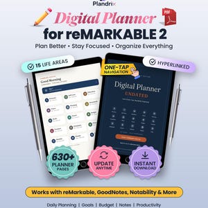 Undated Life Planner for reMarkable 2 and Paper Pro, 631 Page Hyperlinked Digital Planner PDF, 15 Sections, Reusable Every Year