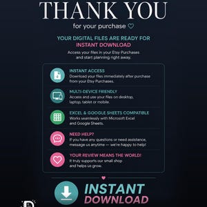 K&ouml;nnte beinhalten: Dunkelblaue Grafik mit wei&szlig;em und rosa Text, der &bdquo;DANKE&ldquo; und &bdquo;SOFORT-DOWNLOAD&ldquo; lautet. Das Bild wirbt f&uuml;r digitale Dateien mit Symbolen f&uuml;r sofortigen Zugriff, Multi-Ger&auml;te-Nutzung und Excel-Kompatibilit&auml;t.