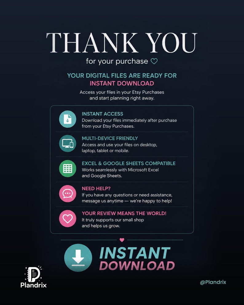 K&ouml;nnte beinhalten: Dunkelblaue Grafik mit wei&szlig;em und rosa Text, der &bdquo;DANKE&ldquo; und &bdquo;SOFORT-DOWNLOAD&ldquo; lautet. Das Bild wirbt f&uuml;r digitale Dateien mit Symbolen f&uuml;r sofortigen Zugriff, Multi-Ger&auml;te-Nutzung und Excel-Kompatibilit&auml;t.