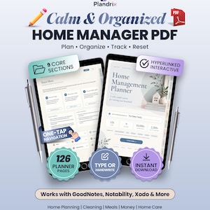 Könnte beinhalten: Ein digitaler Home-Manager PDF-Planer mit 126 Seiten, interaktiver Hyperlink-Navigation und neun Kernbereichen. Die Benutzeroberfläche enthält Textfelder für Haushaltsplanung, Reinigung, Mahlzeiten, Finanzen und Pflege, kompatibel mit GoodNotes und Xodo.