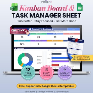 Kanban-tavla, kalkylblad, uppgiftsspårare, visuell uppgiftstavla för Excel, daglig veckovis månadsplanerare, kompatibel med Google Sheets