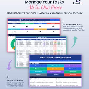 K&ouml;nnte beinhalten: Ein digitales Produktivit&auml;ts-Dashboard und Aufgabenverfolgungssystem von Plandrix. Die Benutzeroberfl&auml;che zeigt eine Hauptaufgabenliste, visuelle Einblicke und ein Schnellnavigationsmen&uuml; mit farbcodierten Schaltfl&auml;chen zur Projektverwaltung.