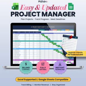 Könnte beinhalten: Ein digitales Projektmanagement-Tool für Excel und Google Sheets mit dem Titel Easy & Updated PROJECT MANAGER. Die Benutzeroberfläche zeigt ein Gantt-Diagramm mit Aufgabenlisten, Zeitplänen und Fortschrittsbalken. Enthält ein PDF-Handbuch.