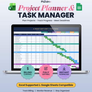 Könnte beinhalten: Ein Laptop zeigt eine Projektplaner- und Aufgabenmanager-Oberfläche. Der Bildschirm zeigt ein Gantt-Diagramm mit einer 90-Tage-Zeitleiste. Das Bild enthält den Text "Project Planner & Task Manager" und Symbole für Rechnungssteuerung, voll editierbar und sofortiger Download.