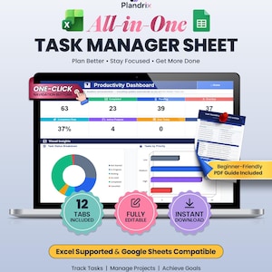 May include: A digital task manager sheet displayed on a laptop screen, featuring a productivity dashboard with charts, task status metrics, and navigation buttons. The interface includes text labels like All-in-One Task Manager Sheet and Excel Supported.