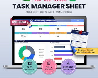 Task Manager Spreadsheet, Task Tracker, Kanban Board, Eisenhower Matrix, Time Blocking, Team Project Tracker, Google Sheets and Excel