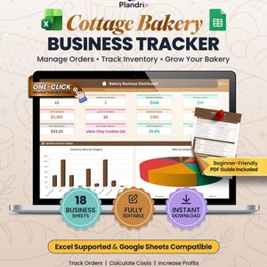 Może przedstawiać: Cyfrowe narzędzie do śledzenia działalności piekarni, kompatybilne z programami Excel i Google Sheets. Interfejs wyświetla pulpit nawigacyjny z danymi o zamówieniach, zapasach i przychodach, w tym wykresy oraz przewodnik w formacie PDF.