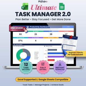 May include: A digital task manager dashboard displayed on a laptop screen, featuring productivity metrics, a pie chart, and a bar graph. The interface includes navigation buttons, a PDF guide overlay, and text labels like Ultimate TASK MANAGER 2.0.