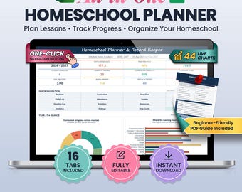 Homeschool Planner Spreadsheet | Excel & Google Sheets Tracker, Lesson Plan, Grade Book, Attendance, Curriculum Log, Digital Template