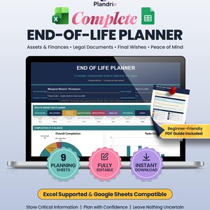 May include: A digital end-of-life planner displayed on a laptop screen, featuring sections for assets, finances, legal documents, and final wishes. The interface includes a dashboard with completion charts, nine planning sheets, and a PDF guide.