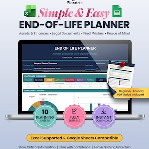 Peut inclure: Un planificateur de fin de vie numérique affiché sur un écran d'ordinateur portable, comprenant des sections pour les actifs, les finances, les documents juridiques et les dernières volontés, avec un tableau de bord et une compatibilité Excel.
