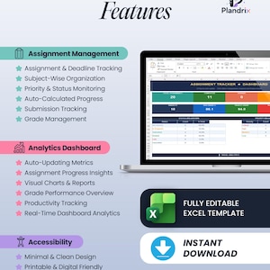 K&ouml;nnte beinhalten: Ein Laptop zeigt eine Tabelle mit Daten zur Aufgabenverfolgung. Das Bild hebt Funktionen wie Aufgabenverwaltung, Analyse-Dashboard und Barrierefreiheit hervor. Der Text enth&auml;lt "Vollst&auml;ndig bearbeitbare Excel-Vorlage" und "Sofort-Download."