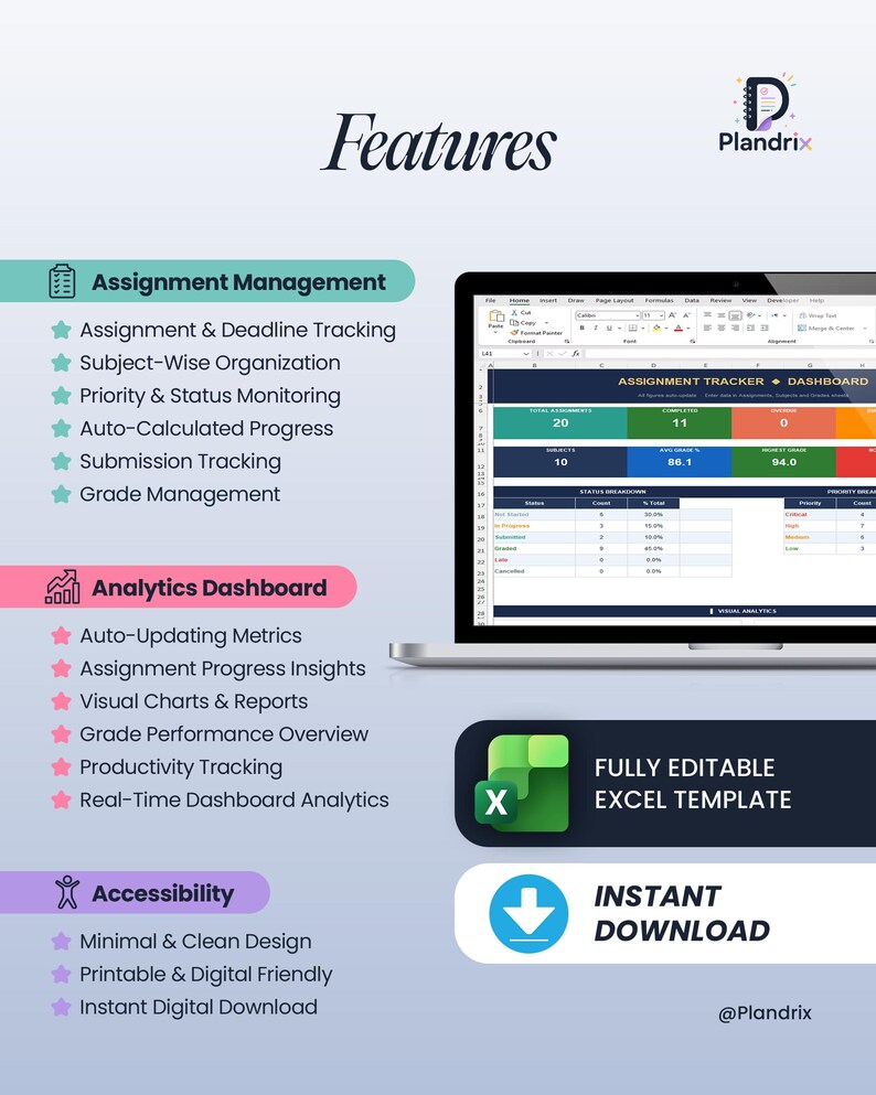 K&ouml;nnte beinhalten: Ein Laptop zeigt eine Tabelle mit Daten zur Aufgabenverfolgung. Das Bild hebt Funktionen wie Aufgabenverwaltung, Analyse-Dashboard und Barrierefreiheit hervor. Der Text enth&auml;lt "Vollst&auml;ndig bearbeitbare Excel-Vorlage" und "Sofort-Download."