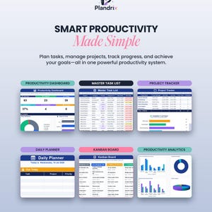 K&ouml;nnte beinhalten: Ein digitales Produktivit&auml;tssystem namens Plandrix mit Dashboard, Aufgabenliste, Projektverfolgung, Tagesplaner, Kanban-Board und Analysen. Der Text lautet SMART PRODUCTIVITY Made Simple und enth&auml;lt Details zur Aufgabenverwaltung.
