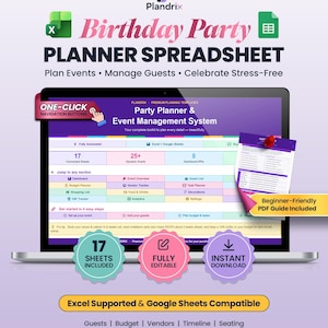 May include: A digital birthday party planner spreadsheet displayed on a laptop screen. The interface features navigation buttons, event management tools, and sections for guests, budget, and vendors. Includes a PDF guide, 17 sheets, and is Excel and Google Sheets compatible.
