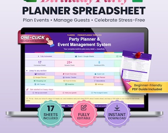 Birthday Party Planner Spreadsheet | Guest List, RSVP, Budget, Vendors, Timeline and Seating | Excel and Google Sheets Event Planner