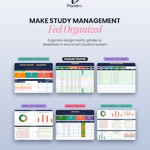 K&ouml;nnte beinhalten: Eine Werbegrafik f&uuml;r Plandrix, ein Studienmanagementsystem. Das Bild zeigt das Plandrix-Logo und den Text &bdquo;MAKE STUDY MANAGEMENT Feel Organized&ldquo;. Es zeigt Dashboards f&uuml;r Aufgaben, Fristen, Noten und Leistungs&uuml;bersicht. Das Farbschema ist haupts&auml;chlich blau, gr&uuml;n und wei&szlig;.