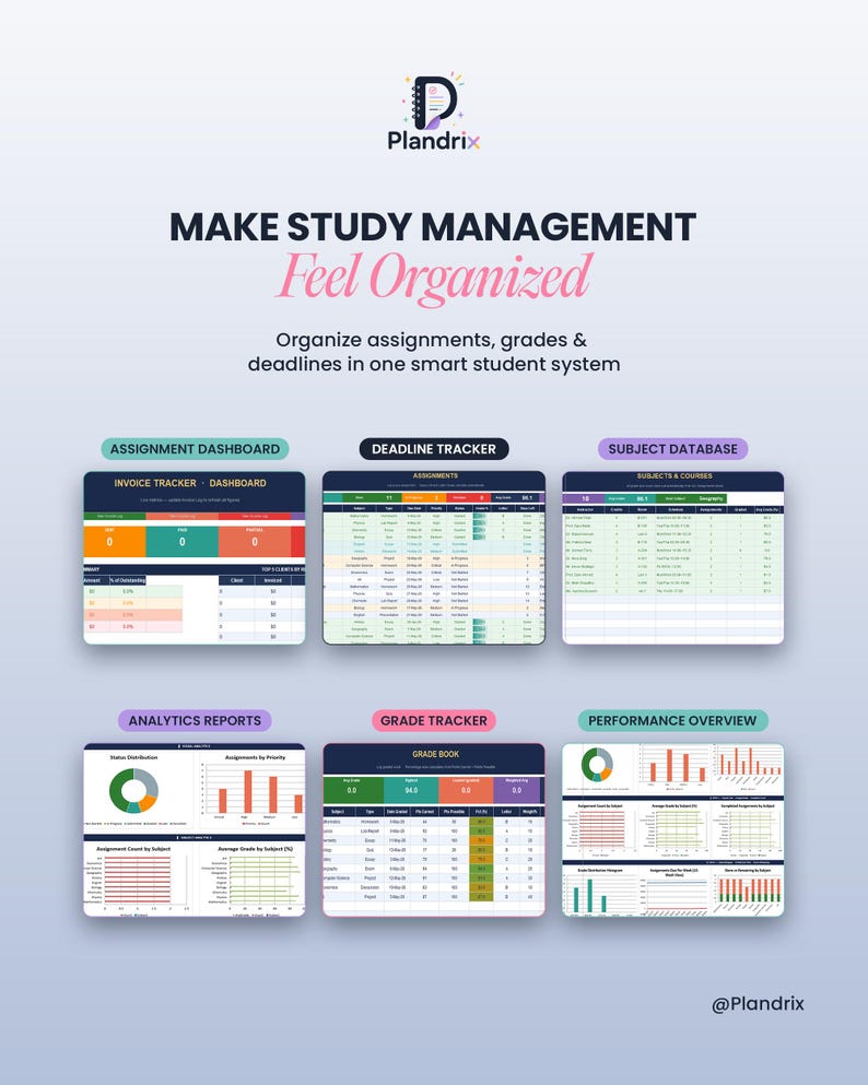 K&ouml;nnte beinhalten: Eine Werbegrafik f&uuml;r Plandrix, ein Studienmanagementsystem. Das Bild zeigt das Plandrix-Logo und den Text &bdquo;MAKE STUDY MANAGEMENT Feel Organized&ldquo;. Es zeigt Dashboards f&uuml;r Aufgaben, Fristen, Noten und Leistungs&uuml;bersicht. Das Farbschema ist haupts&auml;chlich blau, gr&uuml;n und wei&szlig;.