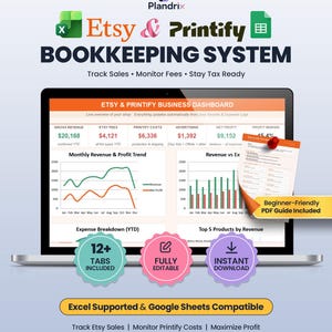 Etsy Bookkeeping Spreadsheet, Printify Profit & Loss Tracker, Small Business Bookkeeping Spreadsheet, Balance Sheet and Expense Tracker