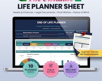 End of Life Planner | Digital Emergency Binder, Life Binder & Death Legacy Journal Spreadsheet | Excel Planner and Google Sheets Template