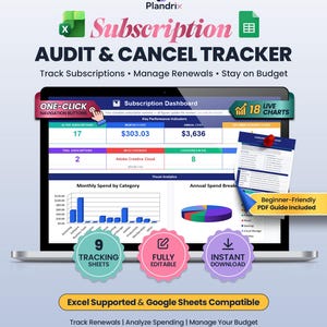 May include: A digital subscription audit and cancel tracker displayed on a laptop screen. The interface features a dashboard with key performance indicators, monthly spend bar charts, and annual spend pie charts. Text includes Plandrix, Subscription AUDIT & CANCEL TRACKER, One-Click Navigation Buttons, 18 Live Charts, 9 Tracking Sheets, Fully Editable, Instant Download, and Excel Supported & Google Sheets Compatible.