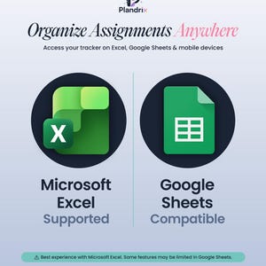 K&ouml;nnte beinhalten: Werbegrafik mit dem Text &bdquo;Organisieren Sie Aufgaben &uuml;berall&ldquo;. Es zeigt die Logos von Microsoft Excel und Google Sheets in dunkelblauen Kreisen. Der Text &bdquo;Microsoft Excel unterst&uuml;tzt&ldquo; und &bdquo;Google Sheets kompatibel&ldquo; steht unter den Logos.
