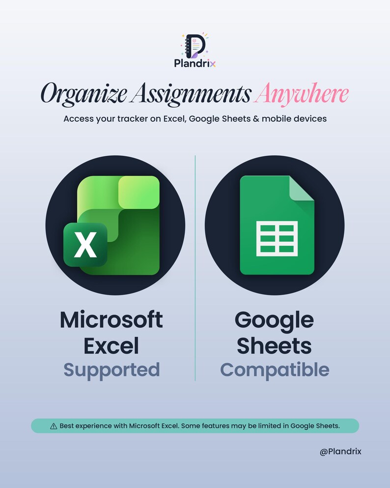 K&ouml;nnte beinhalten: Werbegrafik mit dem Text &bdquo;Organisieren Sie Aufgaben &uuml;berall&ldquo;. Es zeigt die Logos von Microsoft Excel und Google Sheets in dunkelblauen Kreisen. Der Text &bdquo;Microsoft Excel unterst&uuml;tzt&ldquo; und &bdquo;Google Sheets kompatibel&ldquo; steht unter den Logos.