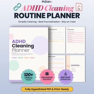May include: A digital ADHD Cleaning Routine Planner in PDF format. The planner includes over 120 linked pages, progress rewards, and instant download. The cover features the text "ADHD Cleaning Planner" and the tagline "Simplify Cleaning, Beat Procrastination, Stay on Track."