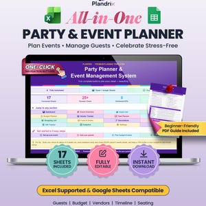 May include: A digital party and event planner template displayed on a laptop screen, featuring the Plandrix logo, 17 connected sheets, 25+ dynamic charts, and 8 dashboard KPIs. The interface includes navigation buttons and a beginner-friendly PDF guide.