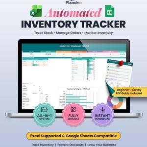 May include: An automated inventory tracker digital product display featuring a laptop screen showing an inventory command center dashboard with charts, tables, and data. Includes a PDF guide, text labels for all-in-one system, fully editable, and instant download.
