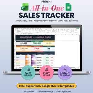 May include: A laptop displaying a sales tracker spreadsheet with the text "All-in-One SALES TRACKER." The screen shows financial data, charts, and the phrases "Sales Insights," "Fully Editable," and "Instant Download."