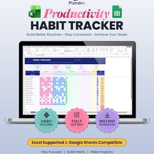 Puede incluir: Un ordenador portátil muestra una hoja de cálculo de seguimiento de hábitos. La pantalla muestra una cuadrícula colorida con datos de seguimiento de hábitos. El texto en la pantalla dice "Productivity Habit Tracker". Textos adicionales incluyen "Habit Building", "Fully Editable" e "Instant Download".