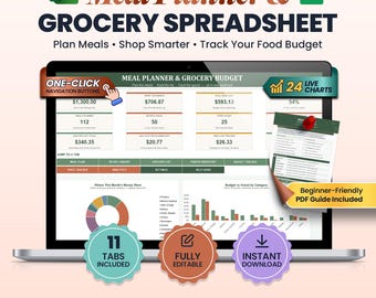 Meal Planner & Grocery List Budget Spreadsheet | Google Sheets Excel Template | Weekly Meal Plan Grocery Budget Tracker Recipe Pantry