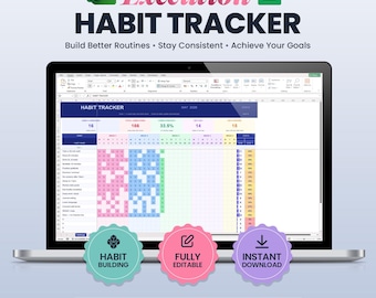 Habit Tracker Excel | Habit Tracker Tabelle | Tägliche, wöchentliche & monatliche Habit Tracker|Zielplaner|Routine Tracker Excel und Google Sheets