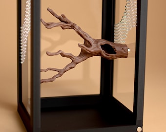 May include: A rectangular terrarium with a black metal frame and clear glass panels. Inside, a brown textured branch extends horizontally from the right side. The side glass panels feature a decorative pattern of small, reflective silver dots.