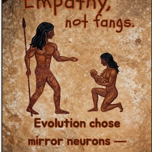 Könnte beinhalten: Eine texturierte Steinoberfläche mit einer braunen Illustration einer stehenden Figur mit Speer und einer knienden Figur mit Baby. Der Text lautet: Empathy, not fangs. Evolution chose mirror neurons — not claws. Das Design ist erdig und braun.