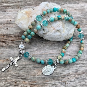 Turquoise Sea Sediment Rosary Bracelet: Magnetic Clasp Wrist Rosary