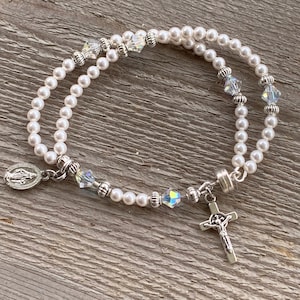 Pearl Rosary Bracelet: Crystal Bicone, Silver Accents, Magnetic Clasp