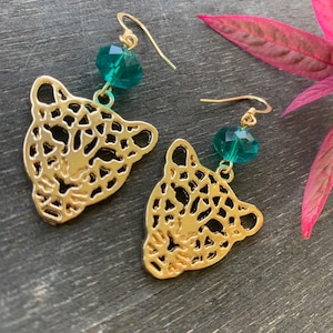 Gold Jaguar Dangle Earrings with Accent Bead