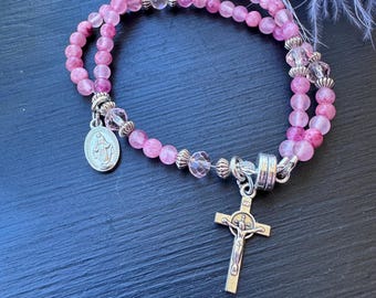 Pink Rosary Bracelet: Magnetic Clasp Wrist Rosary