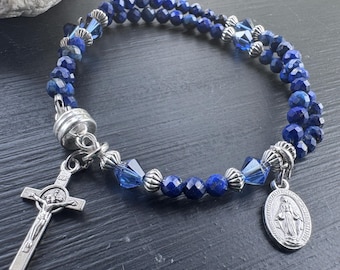 Lapis Rosary Bracelet: Blue Gemstone and Crystal Beads, Magnetic Clasp