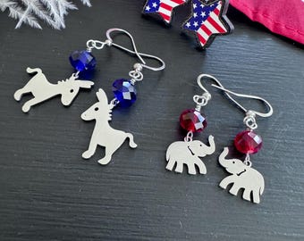 Donkey and Elephant Earrings, Political Party Earrings for Democrats and Republicans