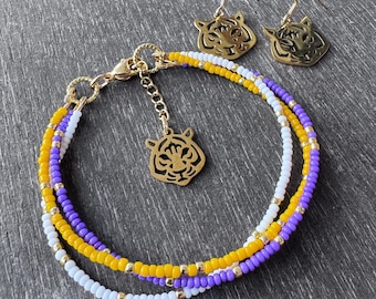 Purple and Gold Seed Bead Bracelet with Tiger Charm: Custom Colors Welcome