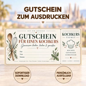 Könnte beinhalten: Ein rechteckiger Gutschein für einen Kochkurs mit Illustrationen eines Holzlöffels, eines Schneebesens und Kräutern. Der Text enthält GUTSCHEIN ZUM AUSDRUCKEN, GUTSCHEIN FÜR EINEN KOCHKURS, KOCHKURS TICKET, SOFORTIGER DOWNLOAD und PERSÖNLICH AUSFÜLLBAR.